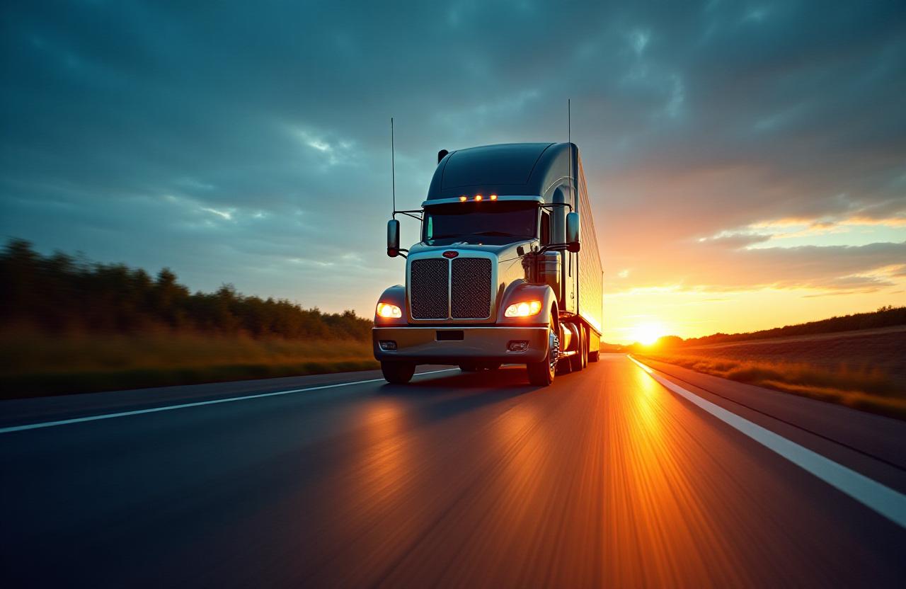 Dramatic heavy-duty transport truck on an open Indiana highway