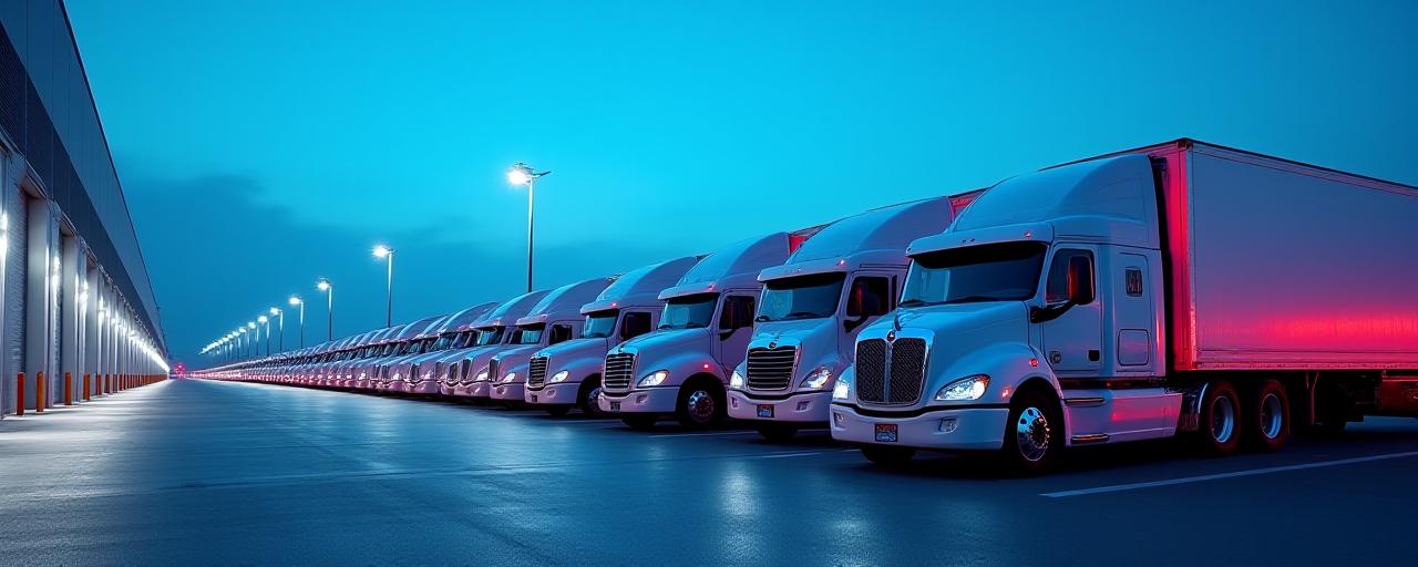 Line of premium long-haul trucks at a logistics hub