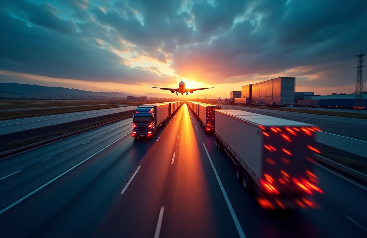 Modern logistics cargo plane and trucks in motion