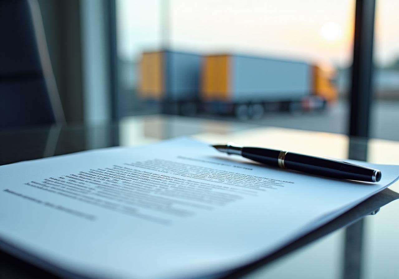 Close-up of a signed contract on a modern desk with logistics equipment in blurred background
